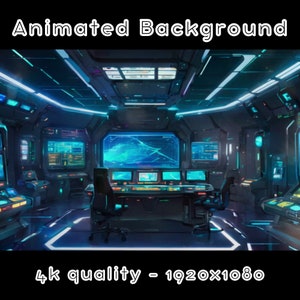 May include: A futuristic animated background featuring a spaceship interior with a large screen displaying a blue and green digital map. The room is lit with blue and green lights and has several control panels and chairs. The text "4k quality - 1920x1080" is displayed at the bottom of the image.