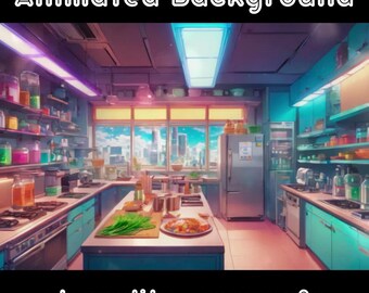 May include: An animated background of a kitchen with a city view outside the window. The kitchen has a large island with a plate of food and green onions on it. The kitchen is decorated in a modern style with blue and green cabinets. The text "4k quality - 1920x1080" is at the bottom of the image.