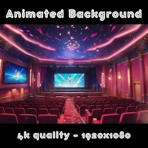 以下が含まれることがあります： 赤い座席とステージのある劇場の内観。天井は星空のデザインで装飾されています。「Animated Background」と「4k quality - 1920x1080」の文字が表示されています。