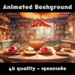 May include: A cartoon kitchen scene with a table set for a meal. The table has a wooden surface and is set with plates, bowls, and utensils. There is a large pot of soup on the table, as well as a bowl of salad. The kitchen is decorated with a mushroom-shaped lamp and other whimsical details. The text "4k quality - 1920x1080" is at the bottom of the image.