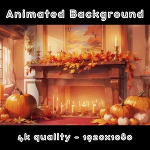 May include: Animated background featuring a fireplace with a glowing fire, decorated with a garland of autumn leaves and pumpkins. The fireplace is in a room with a window and a wooden floor. The text "4k quality - 1920x1080" is at the bottom of the image.