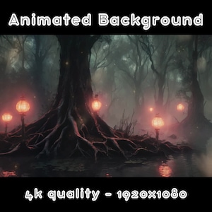 Op de afbeelding: Een geanimeerde achtergrond met een donker bos met een grote boom, een rivier en gloeiende rode lantaarns. De tekst "4k quality - 1920x1080" staat onderaan de afbeelding.
