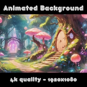 Può includere: Uno sfondo animato fantastico che presenta una foresta magica con un arco viola luminoso, un piccolo cottage con una porta di legno e funghi rosa. Lo sfondo è di qualità 4K e misura 1920x1080 pixel.