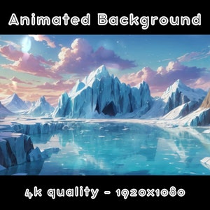 May include: An animated background featuring a snowy mountain range with a frozen lake in the foreground. The sky is a vibrant pink and blue with fluffy clouds. The text "4k quality - 1920x1080" is at the bottom of the image.