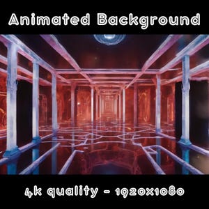 May include: Animated background with a red and white color scheme. The background features a long hallway with columns and a reflective floor. The text "4k quality - 1920x1080" is at the bottom of the image.