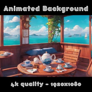 Może przedstawiać: Drewniany stół z czajnikiem i filiżankami do herbaty na białym obrusie. Stół jest nakryty do herbaty z czajnikiem, filiżankami i spodkami. Stół znajduje się w pokoju z oknem wychodzącym na błękitny ocean i zielone wyspy. Tekst "4k quality - 1920x1080" znajduje się na dole obrazu.