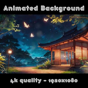 GEANIMEERDE ACHTERGROND - Serene buitenlounge, nachtelijke achtergrond, gezellig (loop, 4k) VTUBER - Streamachtergrond - videoachtergrond - Lo-fi - D&D