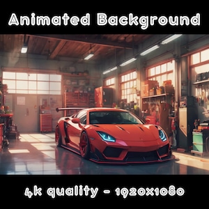 Puede incluir: Un coche deportivo rojo con un alerón negro y faros azules está aparcado en un garaje con un techo de madera y estantes llenos de herramientas. El texto "4k quality - 1920x1080" está en la parte inferior de la imagen.