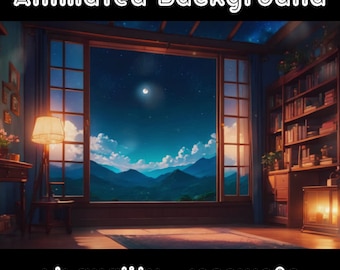ANIMATED BACKGROUND - Moon Study, Books, Library, Desk (loop, 4k) VTUBER - Stream Background - Video Background - Lo-fi - D&D