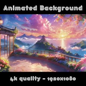 May include: An animated background featuring a colorful sunset over a mountain range with a Japanese-style pagoda on top. The scene is viewed from a balcony with pink flowers and a wooden railing. The text "4k quality - 1920x1080" is at the bottom of the image.