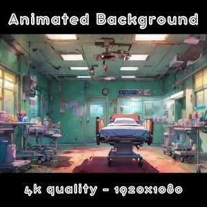 Puede incluir: Un fondo animado que presenta una habitación de hospital con una cama en el centro, equipo médico y una pared verde. La habitación está tenue y tiene un suelo rojo. El texto "4k quality - 1920x1080" está en la parte inferior de la imagen.
