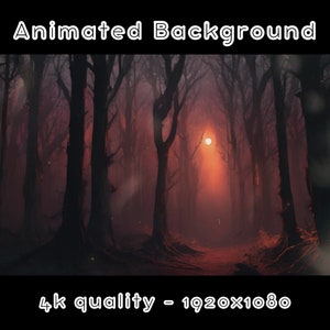 Könnte beinhalten: Animierter Hintergrund eines dunklen Waldes mit einem roten Schein in der Ferne. Die Bäume sind vor dem Licht silhouettiert, und ein Weg führt in den Wald. 4k-Qualität - 1920x1080.