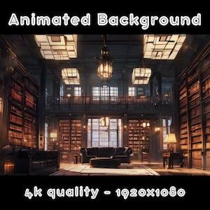 May include: An animated background featuring a large, dimly lit library with bookshelves lining the walls, a chandelier hanging from the ceiling, and a couch in the center of the room. The image is in 4k quality and is 1920x1080 pixels.