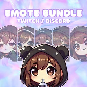 かわいい女の子の Twitch エモート 5 個セット (茶色の髪 | 茶色の目 | 青白い肌 | 黒いパーカー) Discord エモート | Discord ステッカー | ストリーミング アセット
