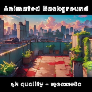 以下が含まれることがあります： 都市の景色を背景にした屋上シーンを特徴とするアニメーションの背景。屋上はコンクリート製で、赤い染みのある表面をしています。屋上には鉢植えの植物があり、空は鮮やかなオレンジとピンクです。