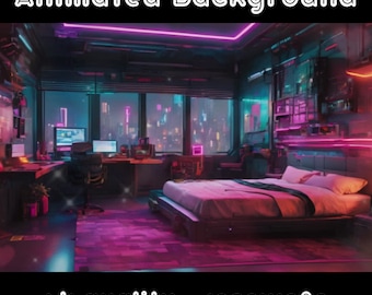 ANIMATED BACKGROUND - Neon Girl Bedroom, Vtuber Bedroom  (loop, 4k) VTUBER - Stream Background - Video Background - Lo-fi - D&D