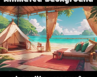 ARRIÈRE-PLAN ANIMÉ - Camp de plage, Tropical, Été, Retraite sur une île (boucle, 4k) VTUBER - Arrière-plan de flux - Arrière-plan vidéo - Lo-fi - D&D