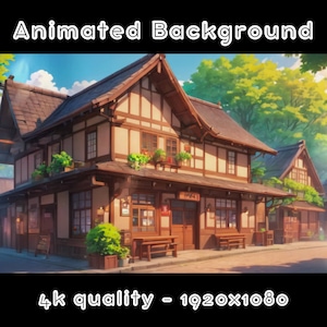 May include: Animated background featuring a quaint, two-story building with a brown wooden facade and a gabled roof. The building has multiple windows and a wooden door. The building is situated on a street with a sidewalk and a green lawn. The background includes trees and a blue sky.