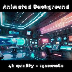 May include: A futuristic, animated background with a blue and green colour scheme. The background features a large, circular screen displaying a planet and a spaceship. The room is filled with various screens and control panels, creating a sense of a high-tech space station.