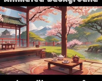 May include: An animated background featuring a Japanese-style teahouse with a wooden deck and a view of a mountain range, cherry blossom trees, and a river. The teahouse has a red roof and a wooden frame. There is a table with two teapots and cups on the deck. The background is a vibrant blue sky with fluffy white clouds. The text "4k quality - 1920x1080" is at the bottom of the image.