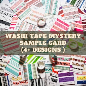 May include: A close-up of a variety of colorful washi tape samples. The tape is arranged in a grid pattern and includes a variety of designs, including stripes, polka dots, and floral patterns. The text "Washi Tape Mystery Sample Card (4+ Designs)" is printed on a yellow banner across the middle of the image.