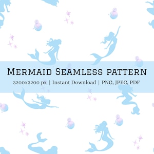 May include: A seamless pattern featuring light blue mermaid silhouettes, stars, and bubbles on a white background. The text "MERMAID SEAMLESS PATTERN" is displayed on a light blue banner. The image is available for instant download in PNG, JPEG, and PDF formats.