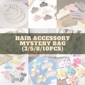 May include: A collection of hair accessories including pearl-embellished headbands, matte plastic claw clips, fuzzy plush clips, fabric scrunchies, butterfly-shaped clips, and flower-shaped clips, with text reading HAIR ACCESSORY MYSTERY BAG (3/5/8/10PCS).