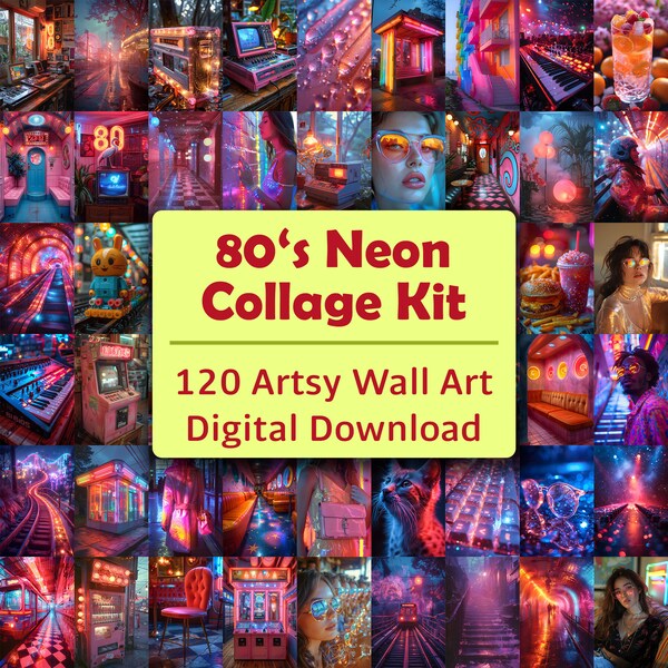 120 80s Neon Wall Collage Kit, Neon Wall Art, Vibrant Wall Decor, Artsy Room Decor, 80s Neon Printable Poster set, Digital Download