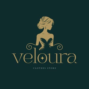 Könnte beinhalten: Logo für Veloura, ein Bekleidungsgeschäft, mit einer goldenen Silhouette einer Frau in einem Abendkleid. Der Text "veloura" ist goldfarben, darunter steht "clothes store". Der Hintergrund ist dunkelgrün.