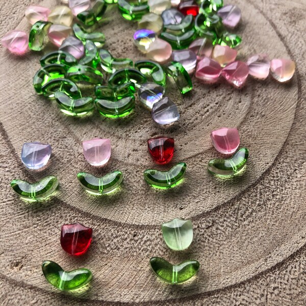 30pcs Tulip Mix Flowers Heart Beads Glass Spacer Leaves Lampwork Beads Flower Bud Pendant Jewelry Making