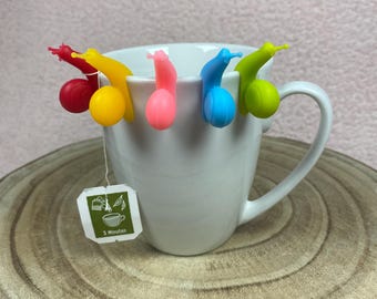 Set of 5, Reusable Silicone Tea Bag Holders, Glass Markers, Snails, Party