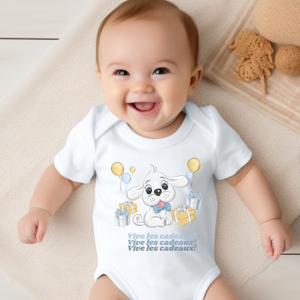 Vive les cadeaux, Hooray for presents, French onesie, cute baby onesie, international baby, bilingual baby, European baby, baby and me