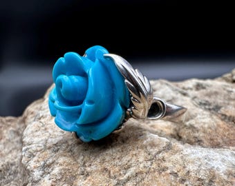 Vintage Turquoise Rose Floral Ring 925 Sterling Silver - Size 11