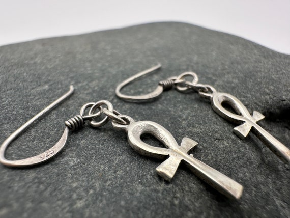 Vintage Sterling Silver Egyptian Ankh Cross Earri… - image 2