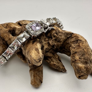Vintage Suzanne Somers Emerald Cut Cubic Zirconia Sterling Silver Tennis Bracelet With Amethyst Clasp