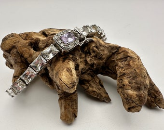 Vintage Suzanne Somers Emerald Cut Cubic Zirconia Sterling Silver Tennis Bracelet With Amethyst Clasp