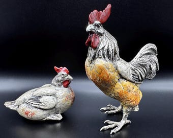 Vintage Metal Rooster & Hen Figurine Set