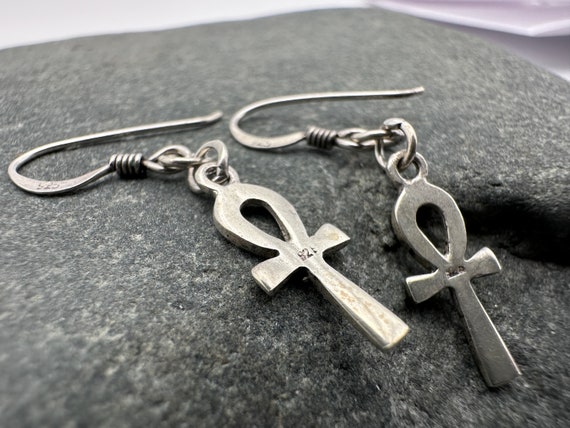 Vintage Sterling Silver Egyptian Ankh Cross Earri… - image 4