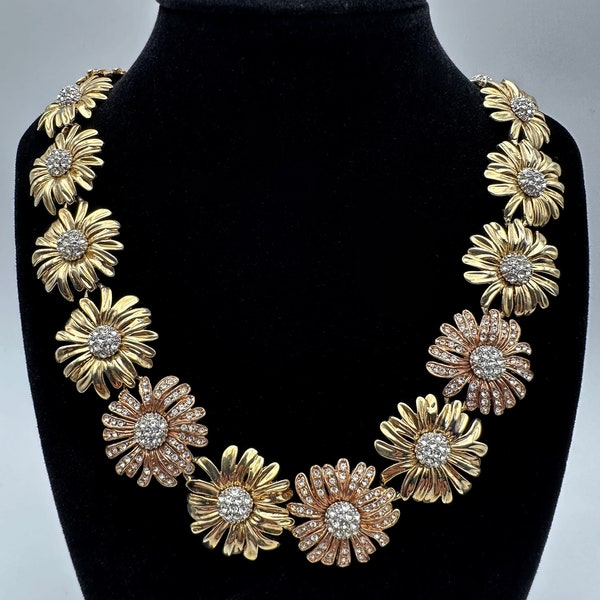 Vintage Suzanne Somers Yellow and Rose Gold Tone Daisy Statement Necklace