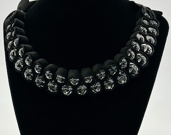 Vintage Black Velvet And Faceted Crystal Bead Ribbon Adjustable Necklace