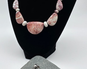 Vintage Jay King Peppermint Opal Stone And Sterling Silver Adjustable Necklace With Matching Clip-On Earrings