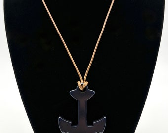 Vintage Dark Navy Bakelite Anchor Pendant Necklace