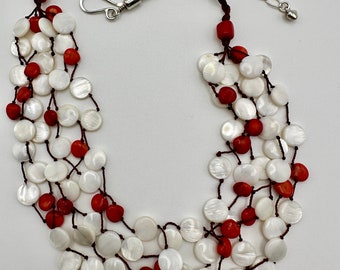 Mine Finds by Jay King - DRT Vintage Mother of Pearl, Red Coral Multistrand Silk Sterling Silver Necklace
