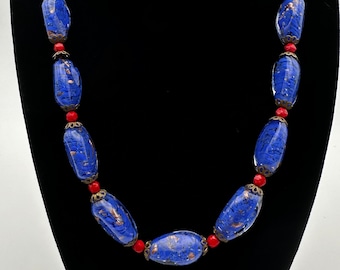 Vintage Murano Art Glass (Venetian) Bead 18” Necklace - Cobalt Blue With Copper Flecks