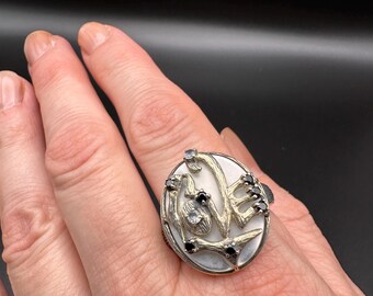 Vintage Hilary Joy Clyde Duneier Sterling Silver Mother of Pearl Melanite & White Topaz Love Ring - Size 11