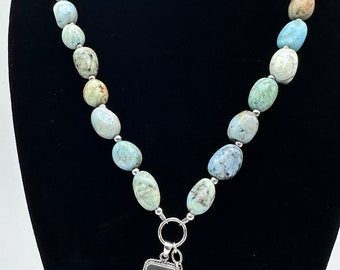 Vintage Blue Opal Stone And Sterling Silver Adjustable Statement Necklace With Pendant and Celtic Symbol Locket