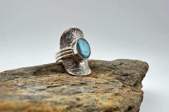 Vintage 925 Sterling Silver Faceted Labradorite Saddle Ring - Size 