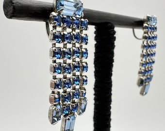 Vintage Art Deco Blue Rhinestone Fringe Screw Back Earrings