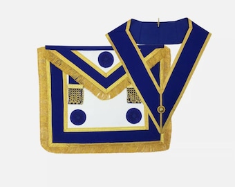 Delantal de gala provincial masónico azul con roseta y cuello, de piel de cordero y guante.