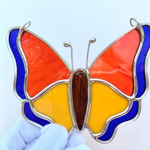 Stained Glass Suncatcher Butterfly- Orange, Blue, Yellow- Small